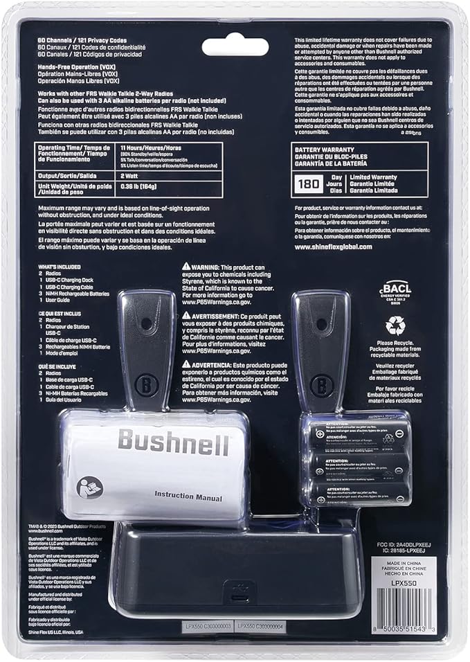 New Bushnell LPX550 Walkie Talkie Radio - Reliable Quality, Rugged Design, 2W Power for 36 Miles of Range, Two Way Radios Equipped for Wherever Life Takes You (2 Pack)