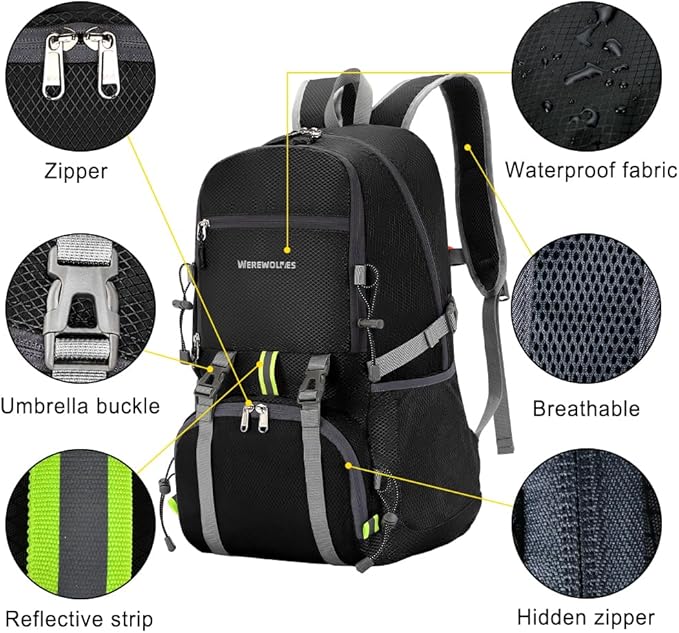 WEREWOLVES 20/35L Lightweight Hiking Backpack, Ultralight Water Resistant Packable Daypack for Women Men