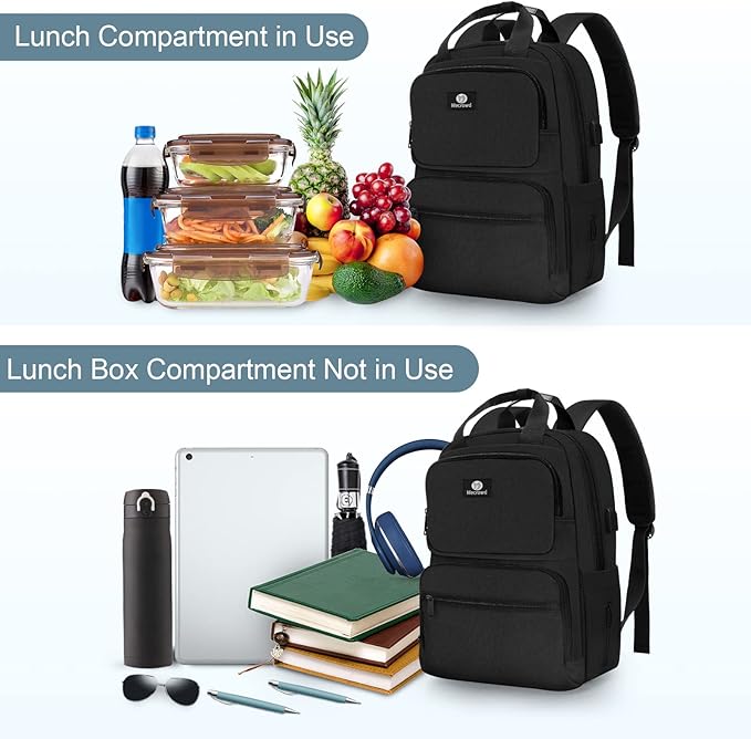 Lunch Backpack for Women Men, Insulated Cooler Lunch Box Backpack, 15.6-inch Laptop Backpacks with USB Port, Water Resistant Leak-proof Lunch Bag for College (Black)