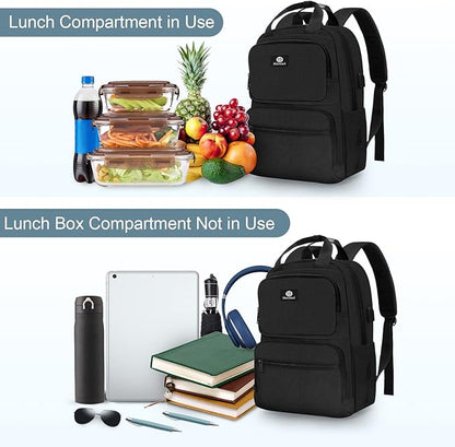 Lunch Backpack for Women Men, Insulated Cooler Lunch Box Backpack, 15.6-inch Laptop Backpacks with USB Port, Water Resistant Leak-proof Lunch Bag for College (Black)