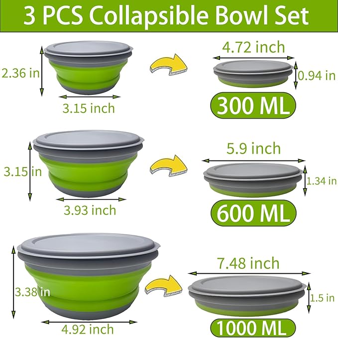 RMAMSCOV Camping Bowl, 3 PCS Food Grade Silicone Collapsible Bowl Lunch Box Salad Bowl with Lid, Expandable Food Storage Containers Set with Free folding tableware and storage bag (Green)