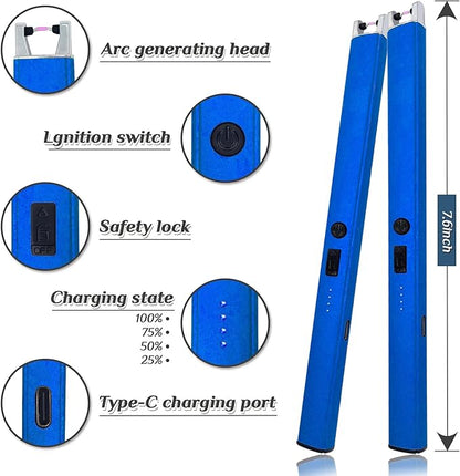 2 PCS Candle Lighter,Windproof Flameless Electric Lighter with LED Power Display ＆ Safety Switch, Upgraded Plasma USB Rechargeable Lighter for Birthday Camping BBQ (Blue)