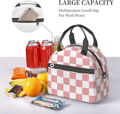 bassyil Pink Checkerboard Lunch Box Reusable Insulated Totes Lunch Bag Thermal Cooler Adjustable Shoulder Strap Bag For Men Women