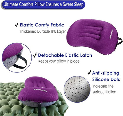 Gold Armour Inflatable Camping Pillow Backpacking Pillow Lightweight Travel Air Pillow Ultralight Ergonomic Pillow Portable for Airplanes with Neck & Lumbar Support (Purple)