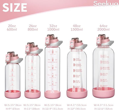 48 oz Large Sports Glass Water Bottle with Straw & Time Marker, Motivational Daily Glass Drinking Bottle with Strap for Fruit Infused Water, Smoothie, Coffee