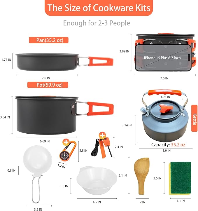 12pcs Camping Cooking Set, Camping Pots and Pans Set with Kettle Compass Hook Flint Plastic Bowls and Soup Spoon for Camping, Backpacking, Hiking, Outdoor Cooking and Picnic