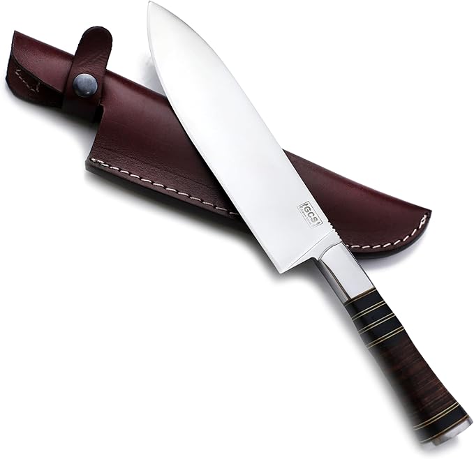 GCS Handmade Stacked Leather Handle D2 Tool Steel Chef Knife with leather Buffalo Hide Sheath 130