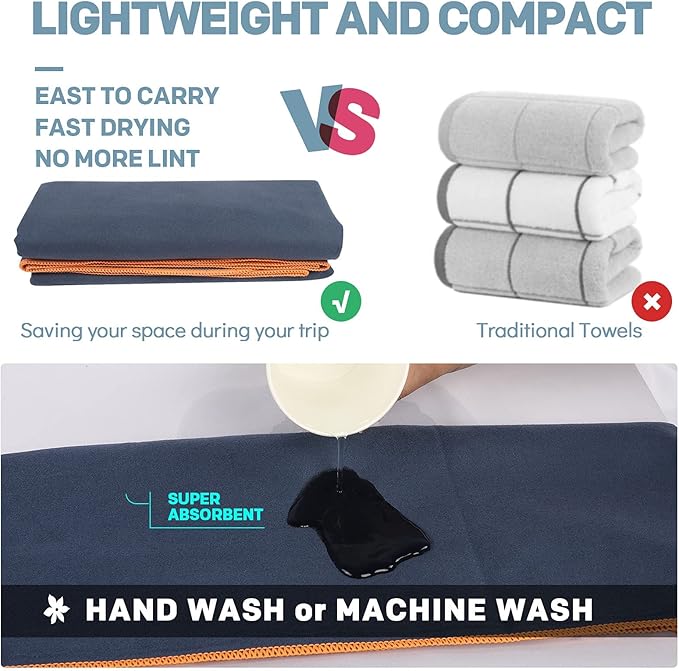 HOEAAS 2 Pack Microfiber Camping Towels, Quick Dry Towel, Super Absorbent Ultra Compact Travel Towel Soft Lightweight Sports Towel for Sweat Fast Drying Towels for Pool,Gym,Hiking,Backpacking,Fitness