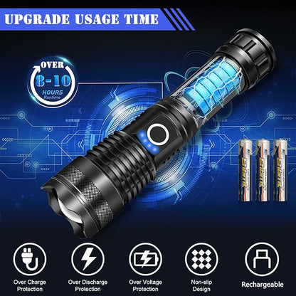 KEPEAK Rechargeable LED Flashlight High Lumens, Super Bright 10000 Lumens Tactical Handheld Flash Light, Water-Resistant, Zoomable, 5 Light Modes for Emergency, Camping