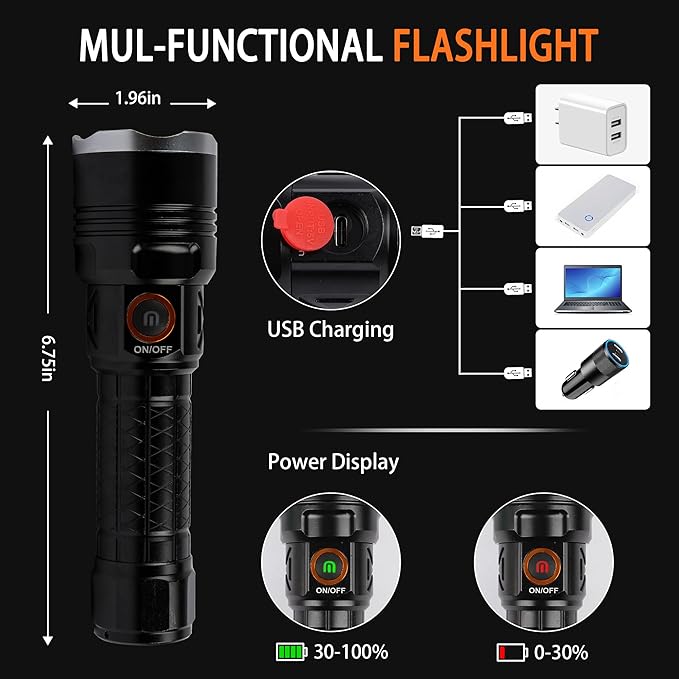 Rechargeable LED Flashlights High Lumens，20000 Lumen Powerful Tactical Flashlight with Zoomable，3 Modes，XHP70 Super Bright Waterproof Flashlights for Emergencies，Camping，Hiking