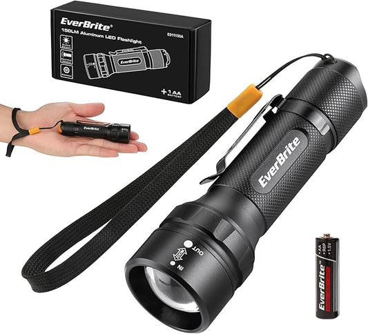 EverBrite 150 Lumen Super Small Mini LED Flashlight, 3 Lighting Modes, Zoomable Adjustable Focus for Camping, Hiking, Fishing, Running, Power Outages & Emergencies, 1 AA Battery Included