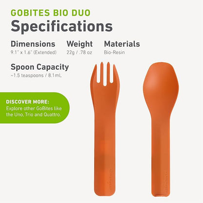 ﻿GoBites Duo and Bio Duo Travel Silverware, Full Size Portable Fork & Spoon, Reusable Utensil Set, PC and BPA-free, Food-Safe Nylon or Plant-Based Resin, ﻿Extended - 9.1” X 1.6”
