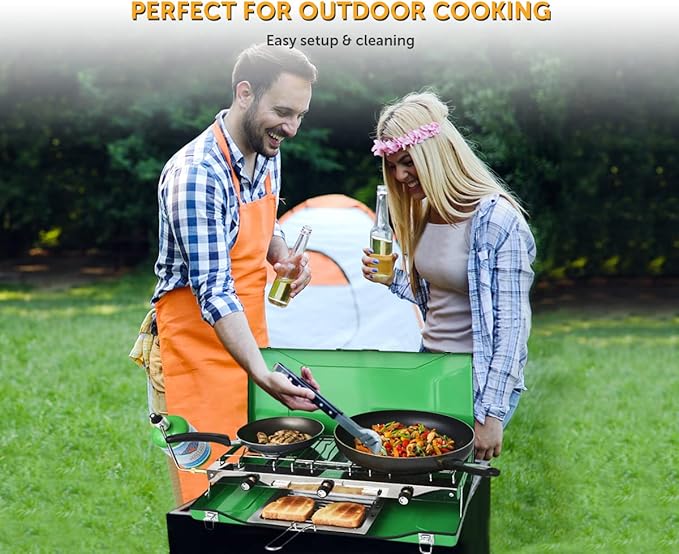 Flame King YSNBBQ-136M 3-Burner Portable Camping Stove Grill w/Toast Tray, Great for Outdoor Cooking, Backpacking, Compatible with 1LB Propane Gas Bottle