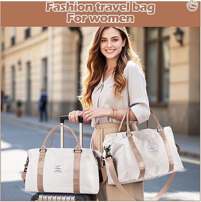 Gym Bag Womens Mens with Wet Pocket, Travel Duffel Bag for Plane, Sport Gym Tote Bags Swimming Yoga, Waterproof Weekend Overnight Carry on Bag Hospital Holdalls，Off White