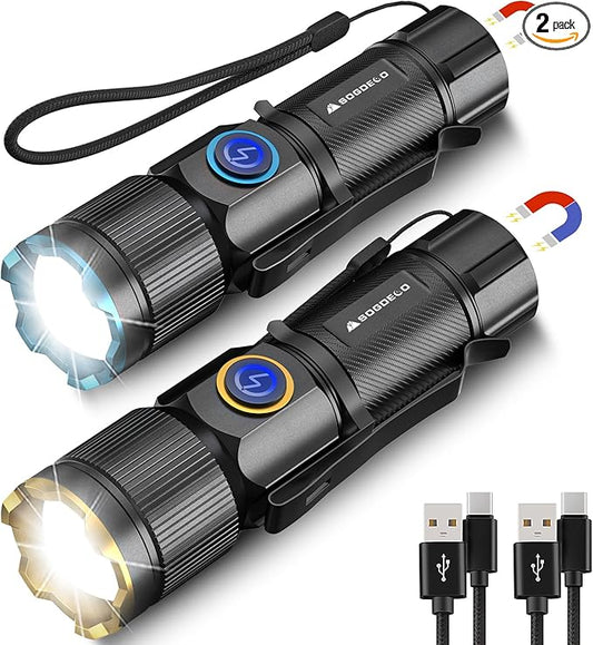 Rechargeable Flashlights High Lumens, Super Bright Small LED Flash Light, 26 Hours Long Lasting, 4 Lighting Modes, Magnetic Zoomable Pocket Flashlight for Emergencies Home Camping (2 Pack)