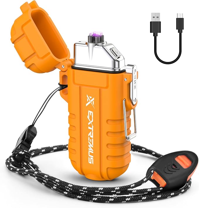 Extremus Blaze 360 Rechargeable Electric Lighters, Dual Arc Lighter, Windproof Plasma Lighter, Waterproof Lighter, Flameless Lighter with Whistle Lanyard for Camping (Orange Flashlight)