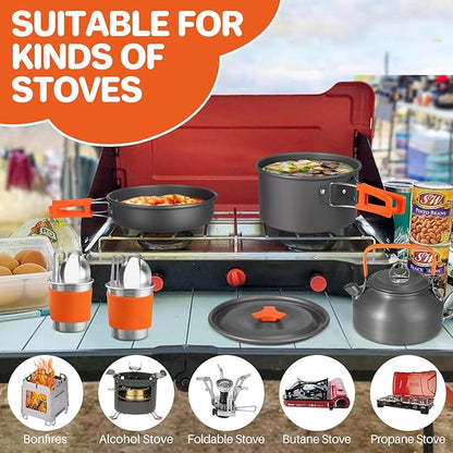 17PCS Camping Cooking Set, Non-Stick Lightweight Camping Pots and Pans Set with Kettle, Stainless Steel Cups, Foldable Forks Knives Spoons for Camping, Backpacking, Outdoor Cooking & Picnic