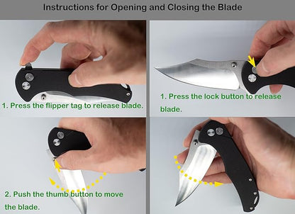 FD04 Folding Pocket Knife, D2 Steel Blade G10 Handle and Button Lock EDC Pocket Cool Knife for Men and Women, Camping Hunting Hiking Fishing Knives Tools (Black Clip)