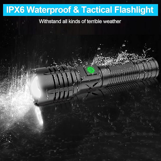 Flashlights High Lumens Rechargeable (Battery Included), 100000 Lumens XHP70.2 Super Bright LED Flashlight with Holster, Type-C, 5 Modes, Zoomable, IPX6 Waterproof Flashlights for Emergency Camping