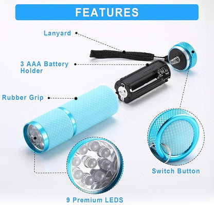 Glow in Dark Flashlights 9 LED Rubber Coated Flashlights with Handle Mini Torch LED Fluorescent Flashlight Aluminum Portable Handy Flashlight for Party Hiking Camping in 4 Colors (4 Pieces)