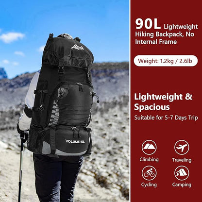 Hiking Backpack with Rain Cover, 90L Camping Backpack, Lightweight Travel Daypack for Hiking Climbing Camping Touring -No Internal Frame