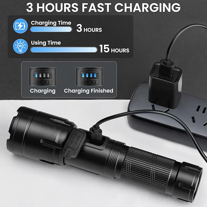 Rechargeable Flashlight 990000 High Lumens, Super Bright LED Flashlight with 7 Modes, Waterproof Powerful Flash Light for Camping, Home, Emerge∩cies (Black)
