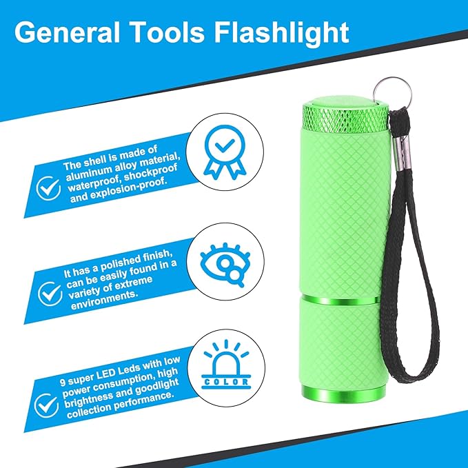 PATIKIL 9 LED Glow in Dark Flashlights, 2 Pcs Mini Aluminum Flashlight Rubber Coated Flashlight with Strap for Camping, Hiking, Party, Green