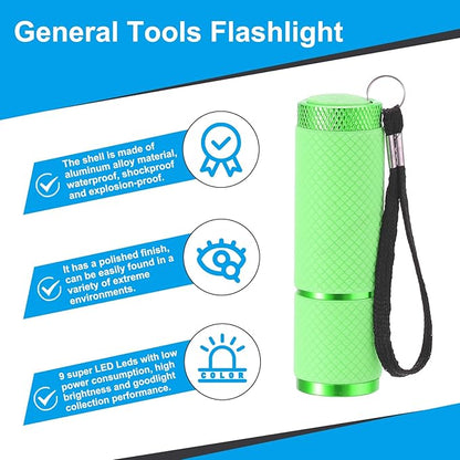 PATIKIL 9 LED Glow in Dark Flashlights, 2 Pcs Mini Aluminum Flashlight Rubber Coated Flashlight with Strap for Camping, Hiking, Party, Green
