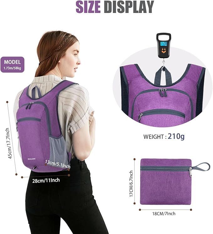 15L Hiking Backpack Small Travel Backpack Lightweight Packable Backpacks Casual Daypack for Women and Men, Light Purple