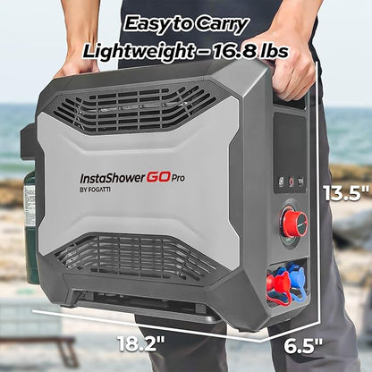 FOGATTI Portable Gas Water Heater, InstaShower GO Pro, Propane, 22,000 Highest BTU, with 5000mAh Rechargeable Built-in Battery, DC 12V, Outdoor Camping Shower with Tip-Over Protection, Safety Shutoff