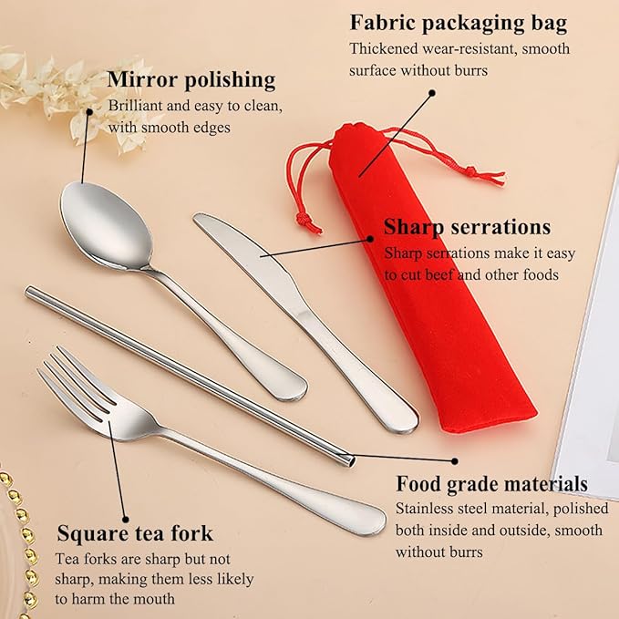 Kyraton Portable Flatware, Reusable Camping Flatware, Bento Box Flatware, Silverware For School/Work/Office/Outdoor, Dishwasher Safe, Set of 4 Pieces