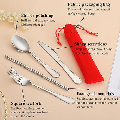 Kyraton Portable Flatware, Reusable Camping Flatware, Bento Box Flatware, Silverware For School/Work/Office/Outdoor, Dishwasher Safe, Set of 4 Pieces