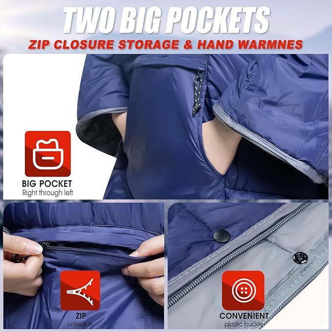 Sleeping Bag Wearable Hooded Blanket - Envelope Lightweight Thermal Cloak Cape Windproof with Premium Stuff Compression Sack for Backpacking Hiking Hunting Fishing Outdoor Sport