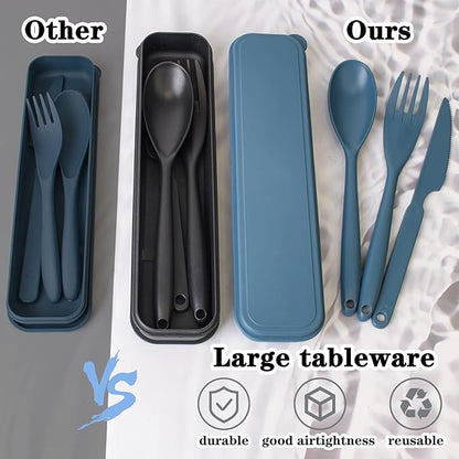 Large Reusable Utensil Set with Case, 2 Sets Portable Plastic Spoons Fork Knife Camping Utensils for Lunch Box Accessories for Kids Adults Travel Picnic Camping Daily Use(Blue, Black)