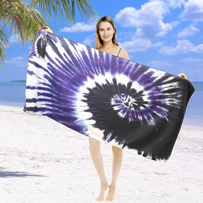 Microfiber Sand Free Beach Towel with Zipper Pocket ,Quick Fast Dry Oversized Lightweight Big Large Towels for Travel Pool Swimming Bath Camping Adult Women Men Tie Dye Beah Towel (tie dye purple)