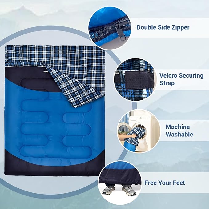 Cotton Flannel Double Sleeping Bag for Adults Machine Washable 2 Person Camping Sleeping Bag Queen Size Waterproof with Compression Sack for Cold Weather 3-4 Seasons