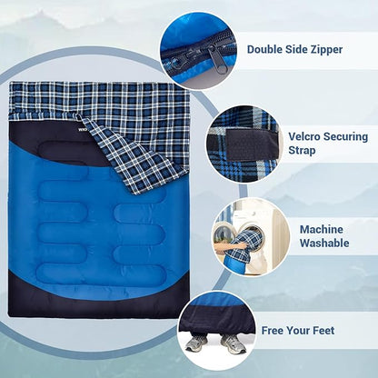 Cotton Flannel Double Sleeping Bag for Adults Machine Washable 2 Person Camping Sleeping Bag Queen Size Waterproof with Compression Sack for Cold Weather 3-4 Seasons