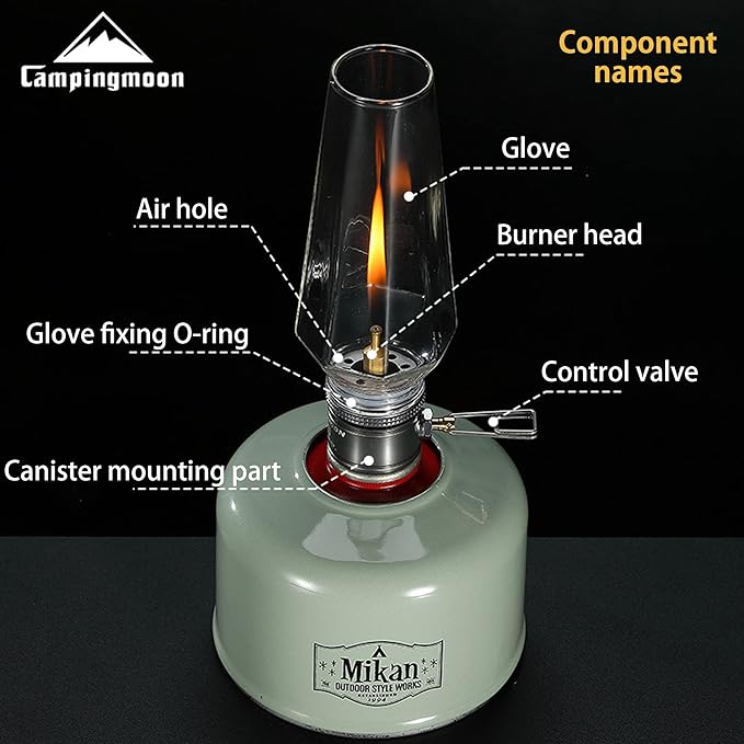 CAMPINGMOON Camping Gas Lantern with Aluminum Frame, Adjustable Light, Silver, Includes Wooden Case
