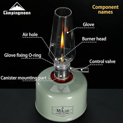 CAMPINGMOON Camping Gas Lantern with Aluminum Frame, Adjustable Light, Silver, Includes Wooden Case