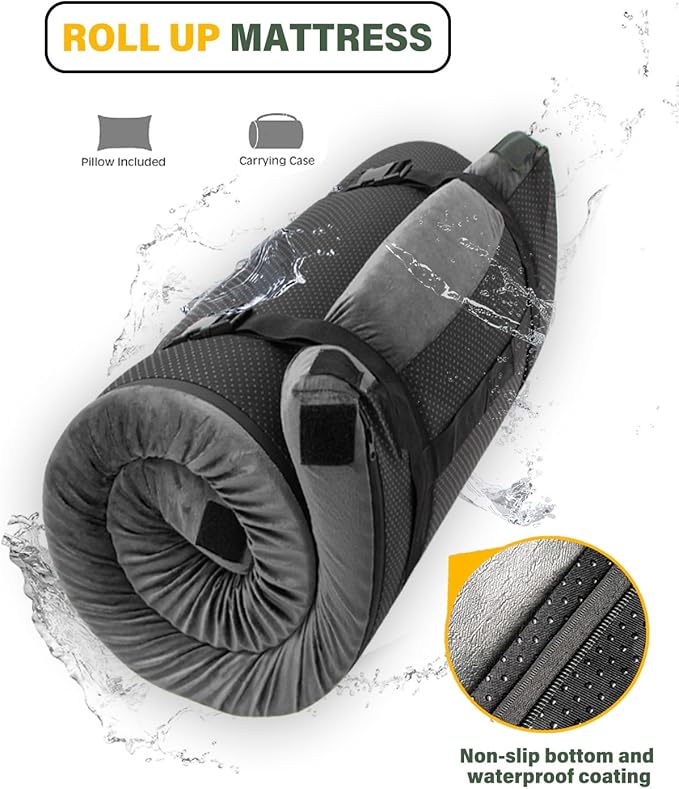 Memory Foam Camping Mattress Sleeping Pad,3 Inch Waterproof Camping Mat to Portable Roll Up Mattress for Floor,Car,Tent Travel,Cot,Soft Thick Sleeping Mat for Kids Adults Camping Sleepover