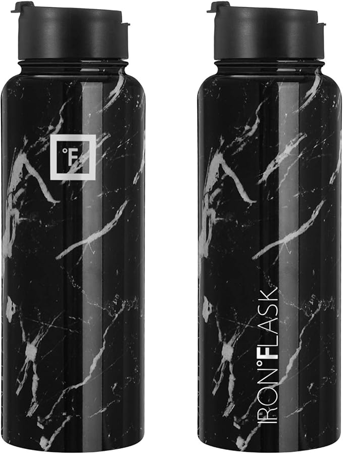IRON °FLASK Camping & Hiking Hydration Flask, Wide Mouth, 3 Straw Lids, Stainless Steel Outdoor Water Bottle, Double Walled, Insulated Thermos, Metal Canteen - Black Marquina, 40 Oz