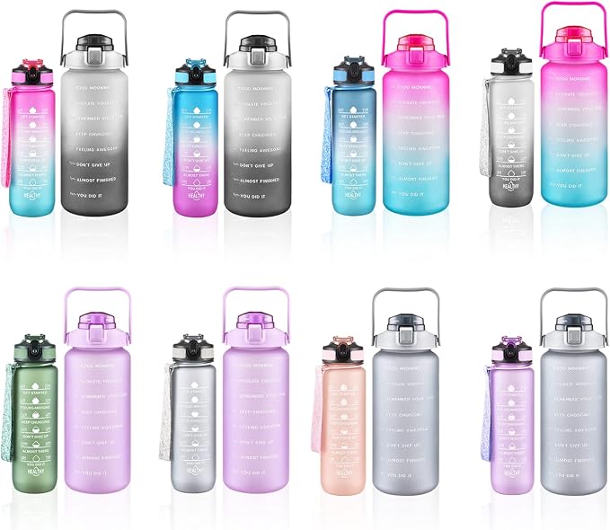 2 Pack Water Bottles 64 Oz + 27 Oz, Sport Water Bottle with Straw & Time Marking,Gym Drinks Bottle, Half Gallon Motivational Water Jug for Women, BPA Free