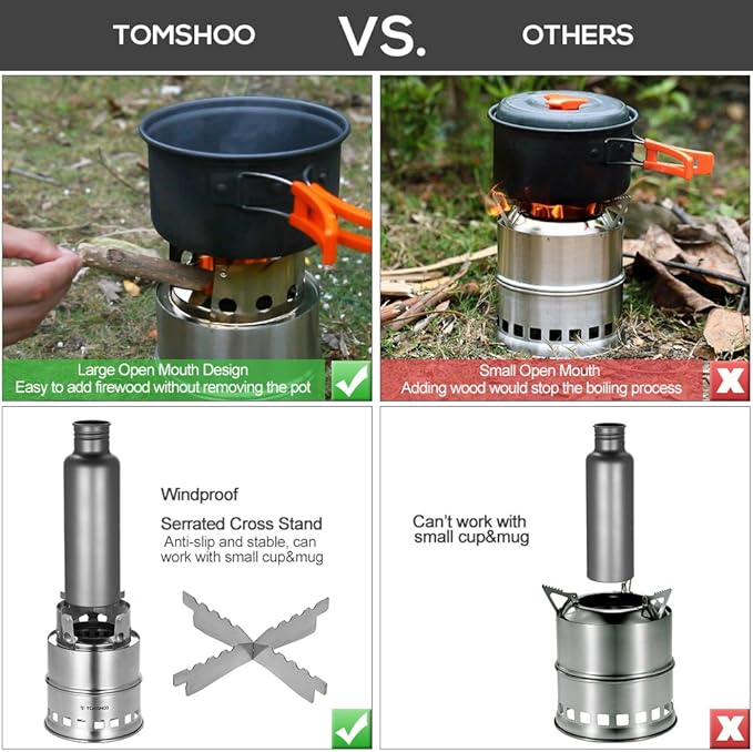 TOM SHOO Camping Stove Camp Wood Stove Portable Foldable Stainless Steel Burning Backpacking Stove for Outdoor Hiking Picnic BBQ