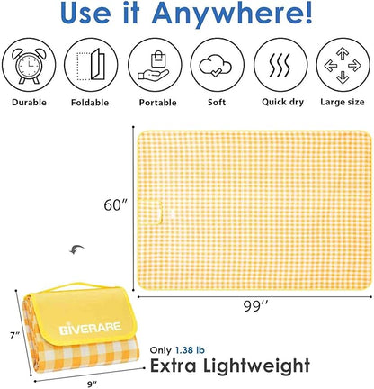 Picnic Beach Blanket Extra Large, 99x60in XL Sandproof Waterproof Outdoor Camping Blankets, Sand Free Oversized Mat, Quick Drying Portable Mats for Travel, Hiking, Music Festival, Lawn-Yellow