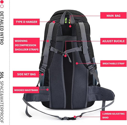 Bseash 50L Hiking Backpack, Water Resistant Lightweight Outdoor Sport Daypack Travel Bag for Camping Climbing Touring (Black - No Shoe Compartment)