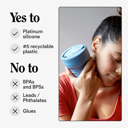 STOJO Collapsible Travel Cup - Steel Blue, 12oz / 355ml - Leak-Proof Reusable To-Go Pocket Size Silicone Bottle for Hot & Cold Drinks - Camping & Hiking - Dishwasher Safe - No Straw Included