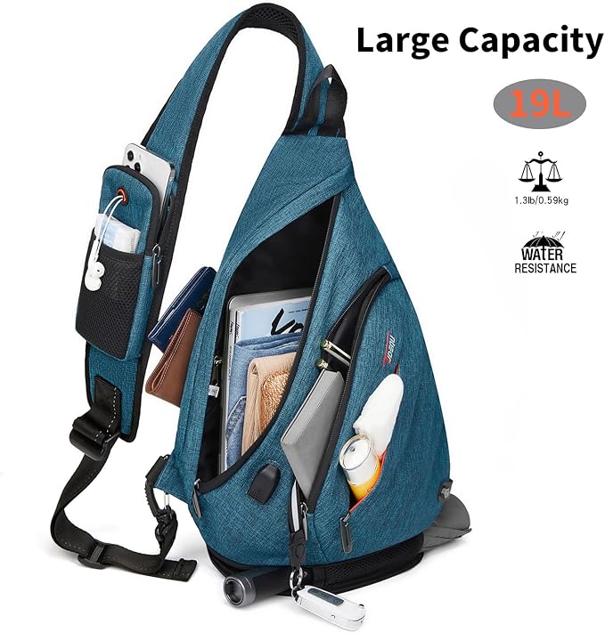 TUDEQU Sling backpack, 8 Pockets Sling Bag Crossbody, 19L Large Sling Bag for Men Travel Crossbody Backpack Hiking Outdoor
