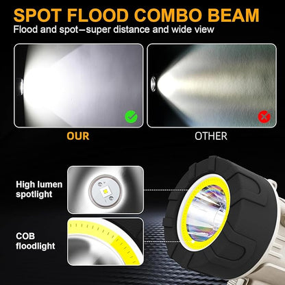 YIERBLUE Rechargeable Spotlight Floodlight Combo 1000,000 Lumen LED, IP67 Waterproof Spot Light COB Flood Light, Impact Resistant Handheld Spotlight with Foldable Stand and Detachable Red Lens