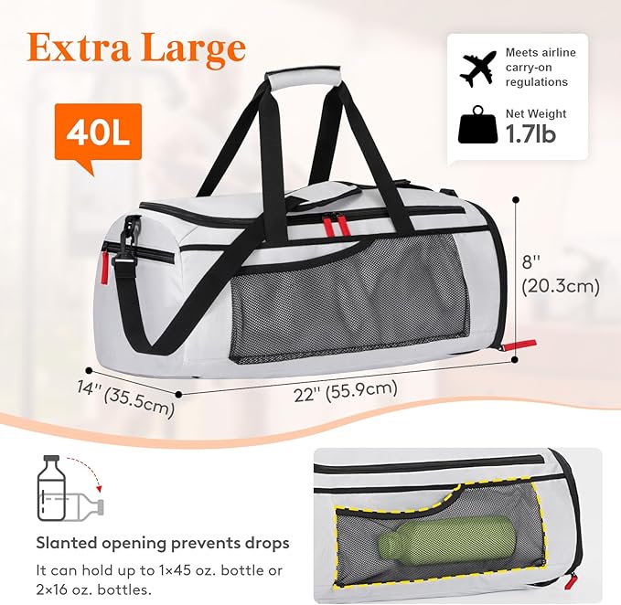 Lifewit Gym Bag for Men & Women with Shoe Compartment, 40L Carry On Duffle Bag for Travel, 3 In 1 Waterproof Weekender Workout Overnight Sports Backpack with Dry and Wet Seperation, Silver Gray