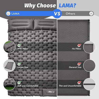 LAMA Double Sleeping Pad for Camping, 2 Persons Self Inflating Camping Mat for Sleeping, Ultralight Sleeping Mat with Pillow Built-in Pump, Ultra-Thick Air Mattress for Backpacking, Hiking, Grey